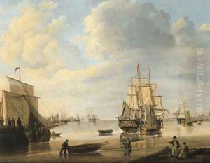 Moored vessels, Dutch three-masters and a rowing boat in a calm, a city beyond by Johan Hendrik Boshamer