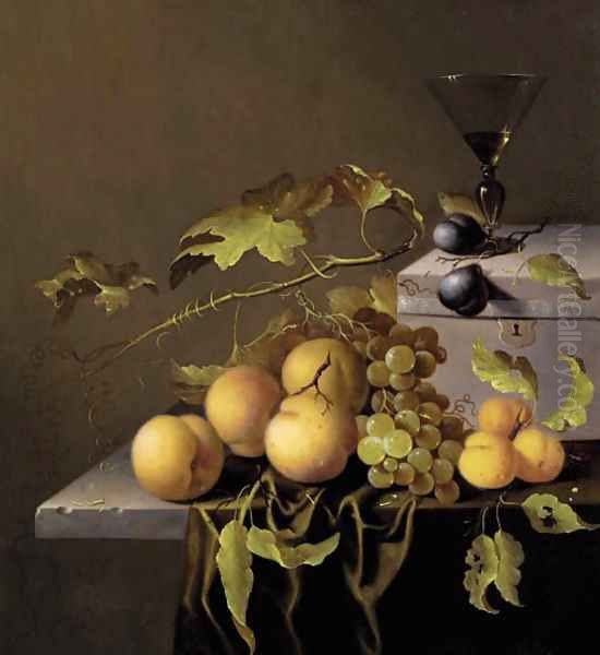 Peaches and grapes on the vine, with a goblet of wine on a casket, on a partially draped stone ledge - view 1