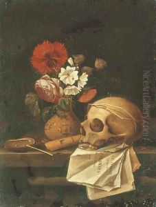 A vanitas still life with a skull, flowers in a terracotta vase by Johannes Borman