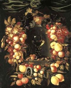 A roemer with walnuts and almonds in a niche surrounded by a garland of lemons by Johannes Borman