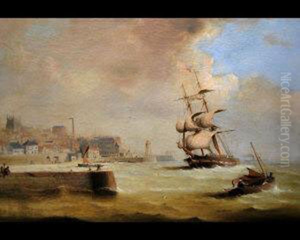 C. Coastal Harbour Scene With A Frigate Entering Port And A Distant Steamship And Other Shipping by George Chambers