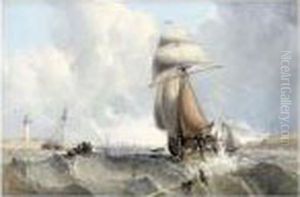 Shipping Off A Headland In Heavy Scenes by George Chambers