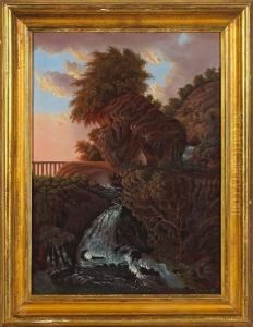 A Landscape With Waterfall And Cabin