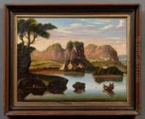 River Valley With Fishermen, Cottages, And Distant Castle.