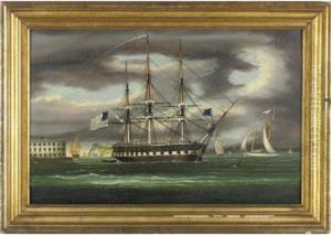 The Constitution In New York Harbor With Castle Gardens In The Background