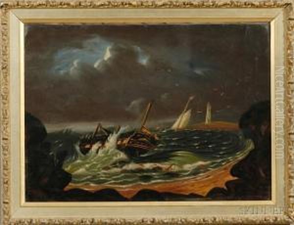 Shipwreck Off A Rocky Coast With Distant Lighthouse. - view 1