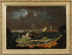 Shipwreck Off A Rocky Coast With Distant Lighthouse.