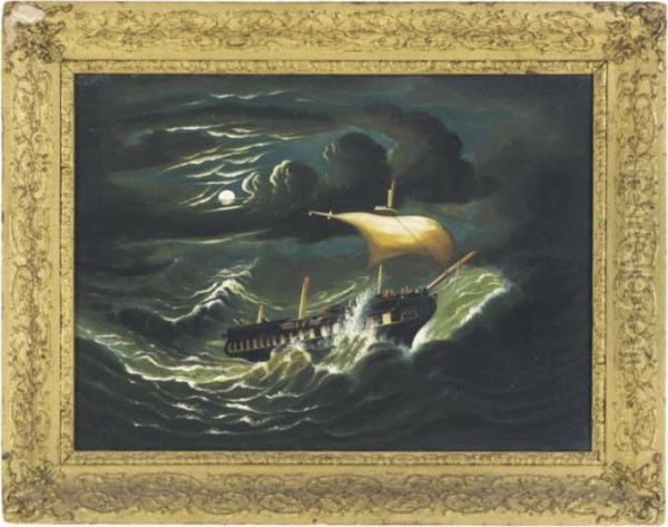 Storm-tossed Frigate In Moonlight - view 1