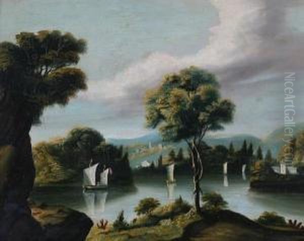 Lake Scene Of Four Sailboats - view 1