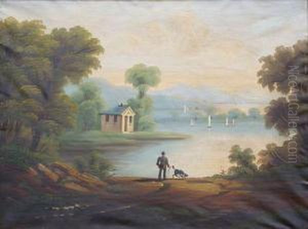 Man With Dog In And Extensive River Landscape - view 1