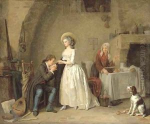 An amorous couple in an interior with an old woman preparing a meal by Louis-Marc-Antoine Bilcoq