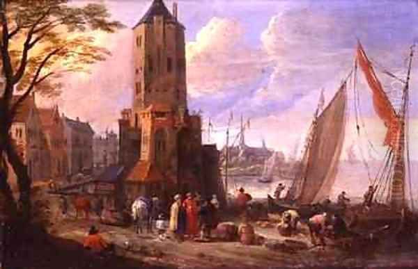 Figures and Boats in a Dutch Port - view 1