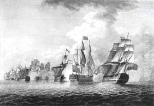 H.M.S.'Victory' bearing up in order to rake the 'Salvador del Munde', sea fight off Cape St. Vincent in 1797