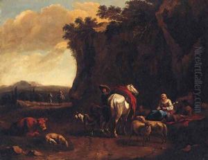 A rocky landscape with drovers resting by a track