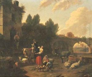In Italianate landscape with herdsmen and cattle halting by a ruined mansion by Dirk van Bergen