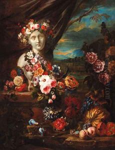 A bust on a pedestal adorned with garlands of flowers
