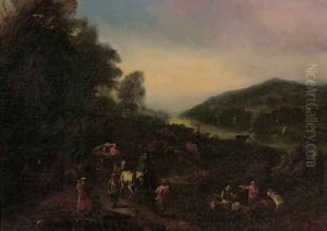 Peasants returning from market on a country road by Pieter Bout And Adriaen Fransz. Boudewijns