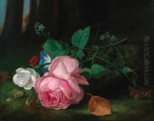 Roses With Convolvuli And A Sprig Of Forget-me-nots On A Mossybank by Arthur Chaplin