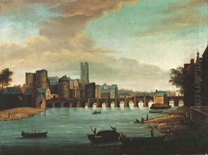 A view of Limerick with Old Thomond bridge, King John's castle and St. Mary's cathedral, with figures and boats in the foreground