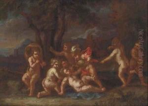 Putti disporting in a landscape by Sebastian Bourdon