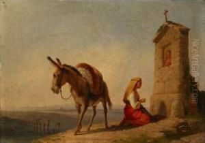 Pilgrim Beside A Roadside Shrine