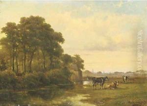 Cattle by a river, a town beyond by Alexander Hieronymus Jun Bakhuyzen
