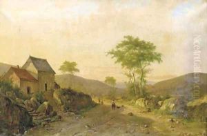 Travellers on a sandy track in a hilly landscape