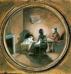 Two Seated Women with a Child in a Cot