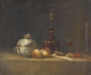 Stillleben Mit Fruchten, Brot Und Weinkaraffe