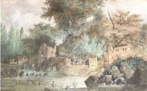 A mill pond in a ruined park, with three fishermen by Louis Belanger