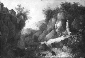 A stream in a rocky gorge with figures by a fountain by Louis Belanger
