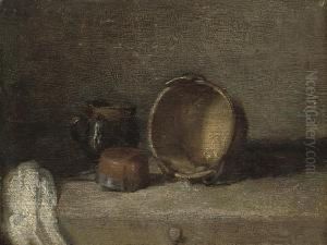 Still Life With A Copper Pot, A Pitcher And A Terracotta Bowl On A Wooden Table by Jean-Baptiste-Simeon Chardin