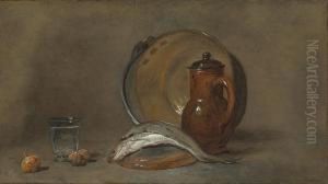 Still Life With A Copper Pot, A Pitcher, Fish, A Glass, Two Nutsand An Onion by Jean-Baptiste-Simeon Chardin
