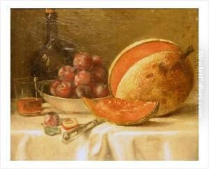 Nature Morte Au Melon, Coupe De Prunes Et Bouteille Sur Un Entablement by Jean-Baptiste-Simeon Chardin