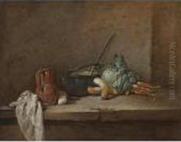 A Still Life With A Napkin, A
Pitcher, A Metallic Urn, Turnips And Other Vegetables, Arranged On A
Stone Ledge - view 1