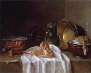 Still Life With A Brazier, 
Earthenware Jugs, A Copper Bowl And A Lamb Chop On A Stone Ledge by Jean-Baptiste-Simeon Chardin