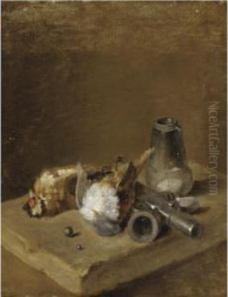 A Still Life With Two Songbirds Together With A Shot-making Set On A Ledge - view 1