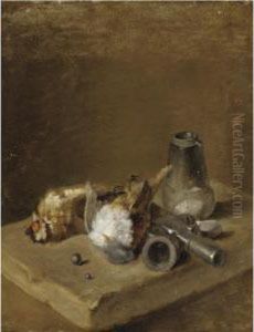 A Still Life With Two Songbirds Together With A Shot-making Set On A Ledge by Jean-Baptiste-Simeon Chardin