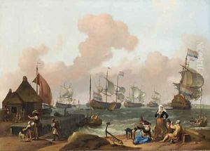Coastal Scene with the Dutch Fleet under Way, peasants by a jetty in the foreground by Ludolf Backhuyzen