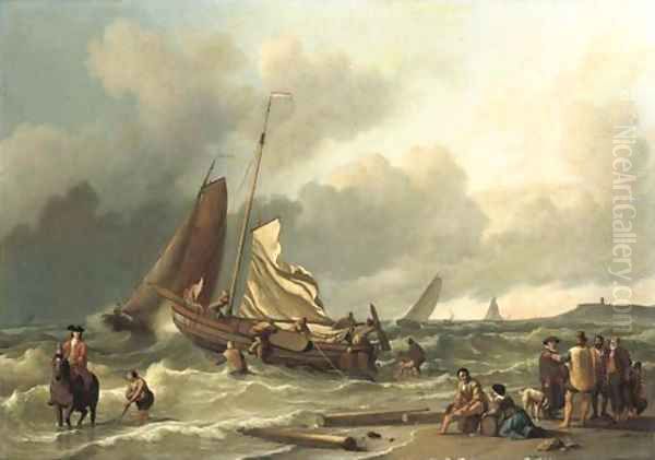 A Dutch fishing boat in a squall with an elegant man on horseback in the shallow tide, other fishing vessels beyond - view 1