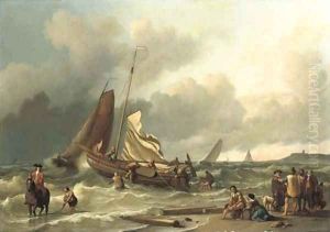 A Dutch fishing boat in a squall with an elegant man on horseback in the shallow tide, other fishing vessels beyond by Ludolf Backhuyzen