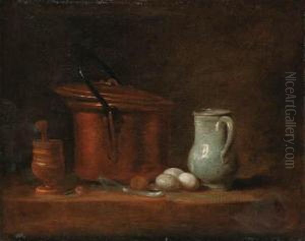 A Copper Cauldron, A Pestle And
Mortar, A Stoneware Jug, Eggs And A Spring Onion On A Ledge - view 1