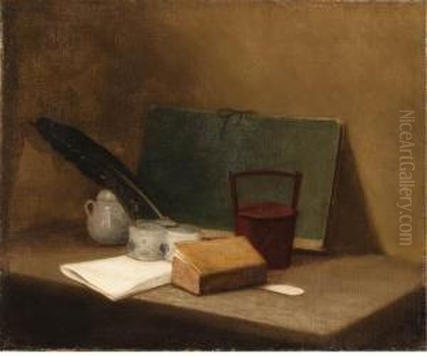 A Book, A Letter, An Inkwell And Other Objects On A Ledge - view 1