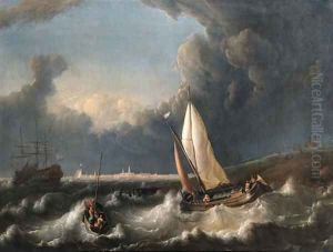 A storm off Hoorn with a wijdschip going about and a pink with its lowered sail by Ludolf Backhuyzen