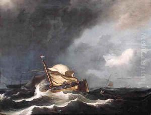 A wijdschip, sails reefed, as a storm approaches by Ludolf Backhuyzen