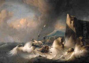 An Amsterdam merchant man and a wijdschip foundering off a rocky coast, in a gale by Ludolf Backhuyzen