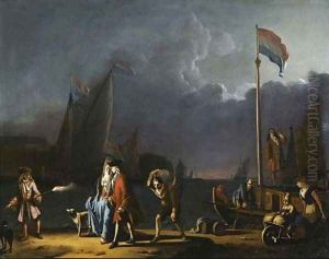 An elegant couple on a quay at night by Ludolf Backhuyzen
