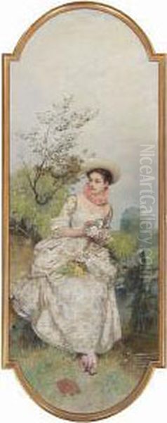 A Portrait Of A Young Lady,
Seated On A Wall, Holding A Sprig Of Flowers; A Portrait Of A Woman,
Seated On A Balustrade, Holding A Guitar (a Pair) - view 1