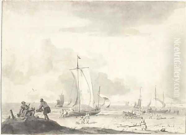 A coastal scene with sailing boats and figures on a beach - view 1