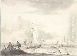 A coastal scene with sailing boats and figures on a beach by Ludolf Backhuyzen